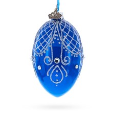 Jeweled Blue Glossy Royal Inspired Glass Egg Ornament 4 Inches