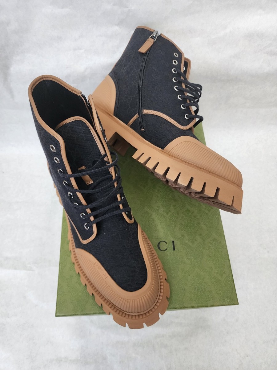 Gucci GG Logo Canvas Combat Ankle Boot Black/Brown Lace-Up  display picture 1