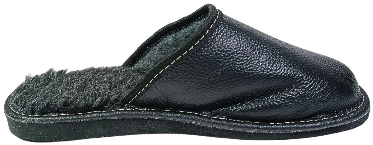 Herren Leder Hausschuhe Schwarz Schafwolle Pantoffeln Schaffell Warme Gr.40-47