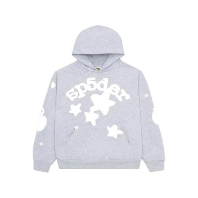 sp5der Gray White Star Graphic Pullover Hoodie Fleece for Men