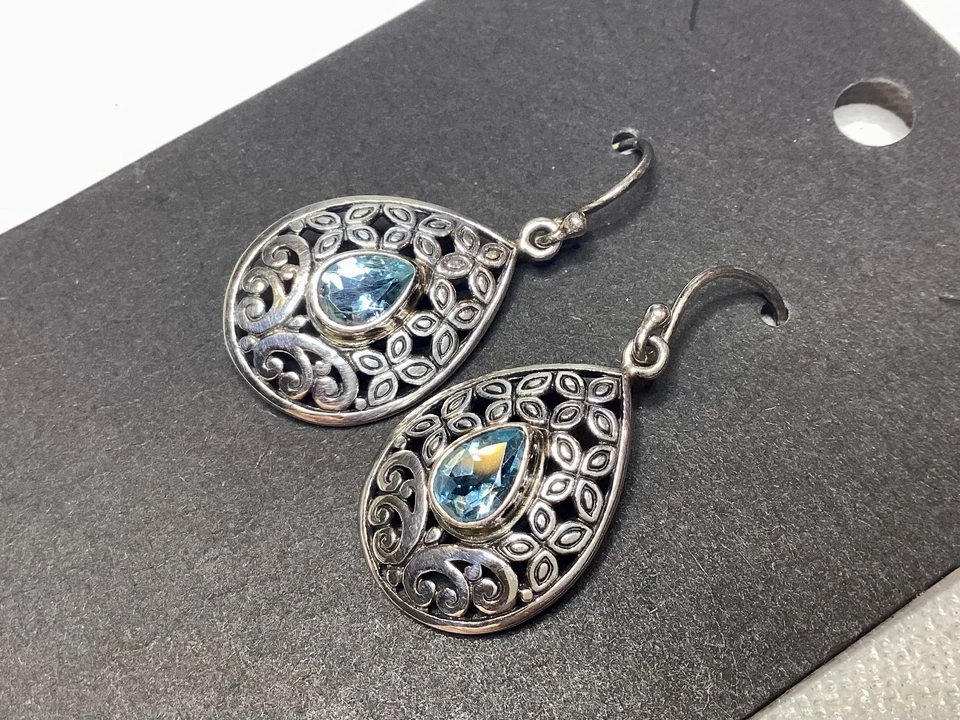 Sterling Silver 925 Filigree Blue Topaz Dangle Pierced Earrings Jewelry - Image 4 of 4