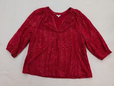 Crown & Ivy Women's Top Size XL Red Pink Floral Metallic Peasant Boho Shirt