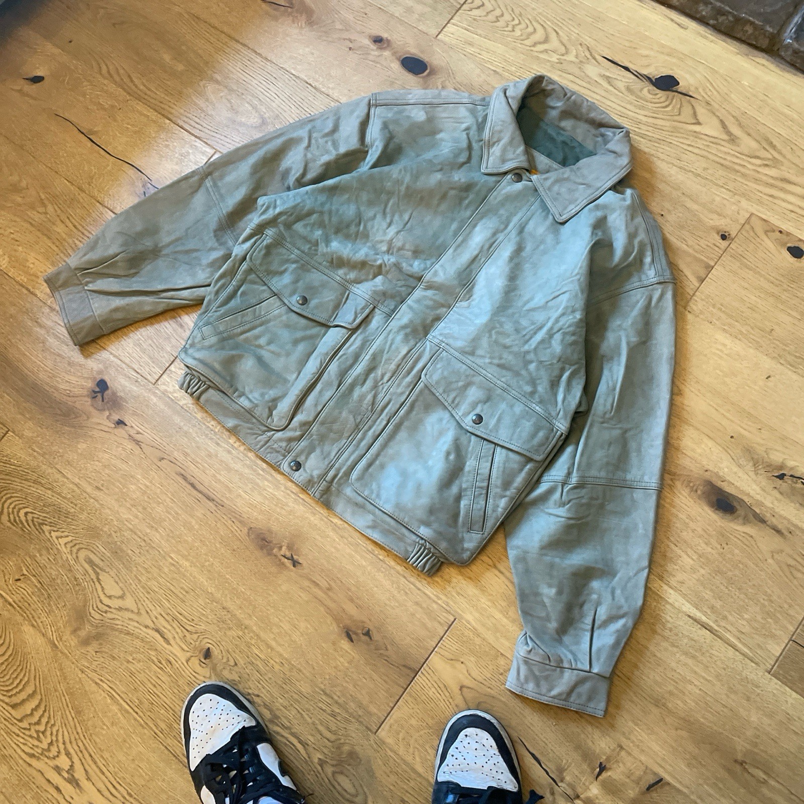 Vintage Timberland Weathergear Light Green Leather Bomber Jacket RARE Unique M image 2