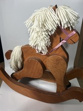 Wooden Doll Size Rocking Horse Pony White Yarn Mane Oak Kids Toy 15 1/2" Tall