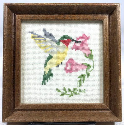 Framed Hummingbird Needlepoint Behind Glass 6 1/4'' x 6 1/4'' Signed BJC