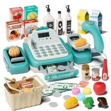 49PCS Pretend Play Cash Register Toy Set for Kids with Real Calculator,Scanne...