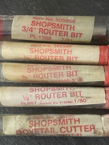 4 Original Shopsmith Router Bits (3/4, 1/2, 1/4, 3/8”) & 1 Dovetail Cutter. New - Picture 2 of 9