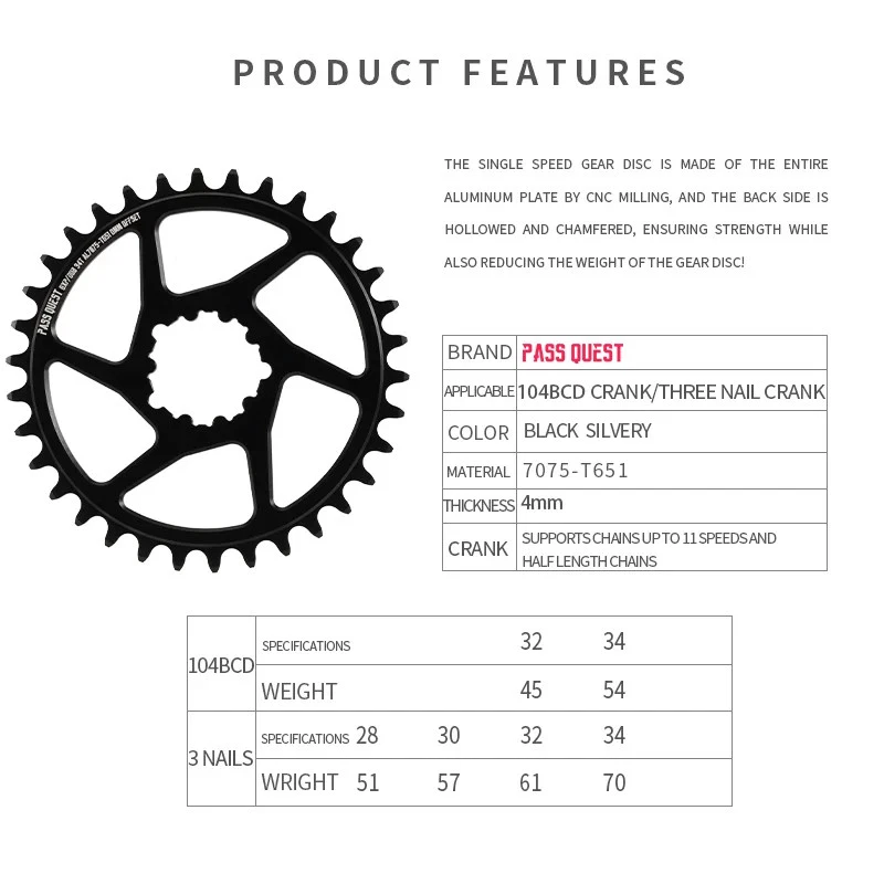 Road Bike Crankset Chainwheels 104BCD 32-34T 3 Nail Single-speed Round Chainring - Image 4 of 4