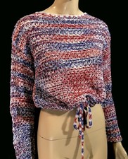 Vintage 70s 80s Red White Blue Space Dye Rayon Drawstring Cropped Sweater L