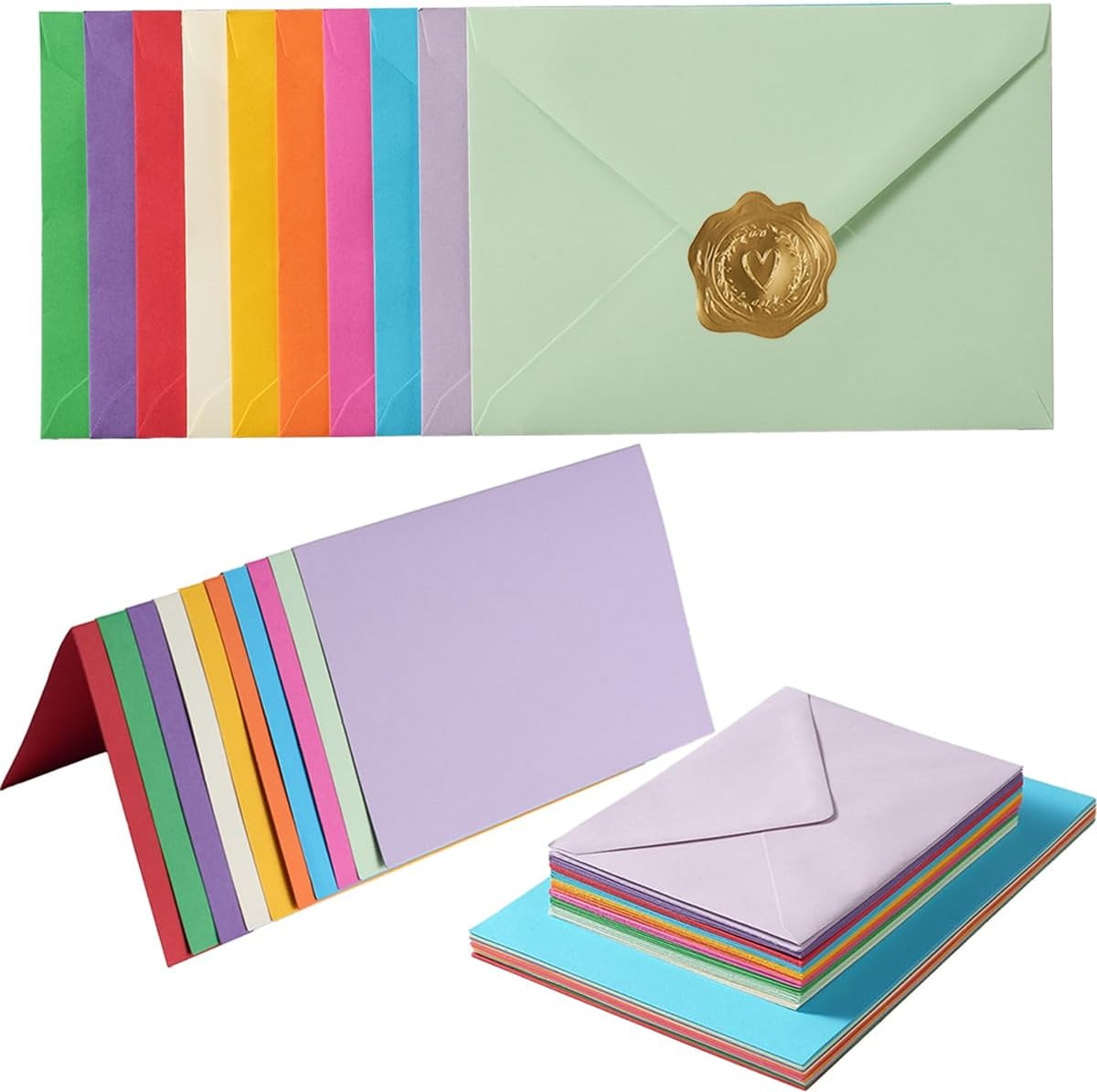 50 Pack A7 Colorful Envelopes with 5X7 Blank Heavy Colored Folded Cardstock and