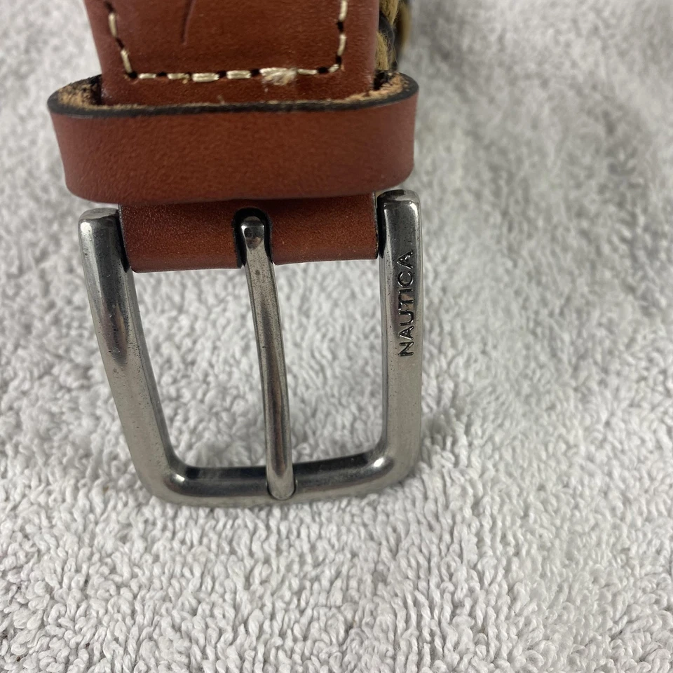 Cinto Nautica Masculino XL 42/44 Marrom Bronzeado Tecido Trançado Couro Fivela Tom Prata - Imagem 3 de 4