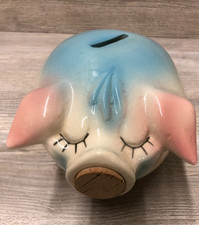 Vintage Corky Pig Piggy Bank Hull Pottery Blue w/Pink Ears 1957 w/Cork