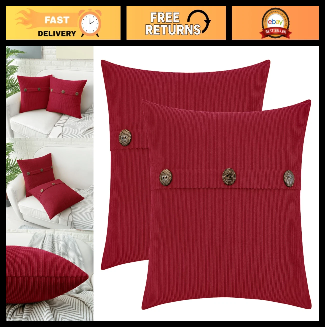 Red Chenille Throw Pillow Covers 18x18" - Soft Farmhouse Accent Cushions, Set of