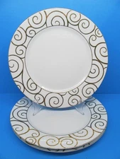 Pier 1 Gold Swirl Set Of 3 White And Gold 10 1/4" Dinner Plates Retired