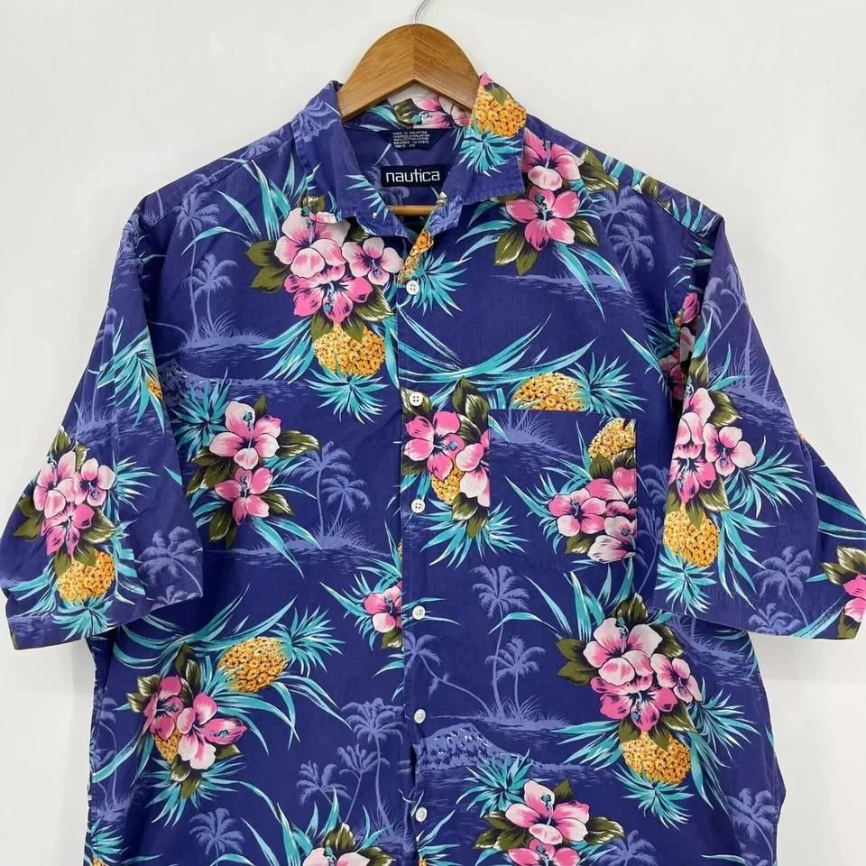 Camisa Hawaiana Nautica Para Hombre L Púrpura Estampado Floral De Colección Años 90 Algodón Manga Corta Foto 2 de 4