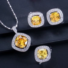 Yellow Cubic Zirconia Austrian Crystal Necklace Earrings Ring Silver Plated Set