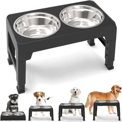 Elevated Dog Bowl Pet Feeder Stainless Steel Raised Food Water Stand W/2 Bowls
