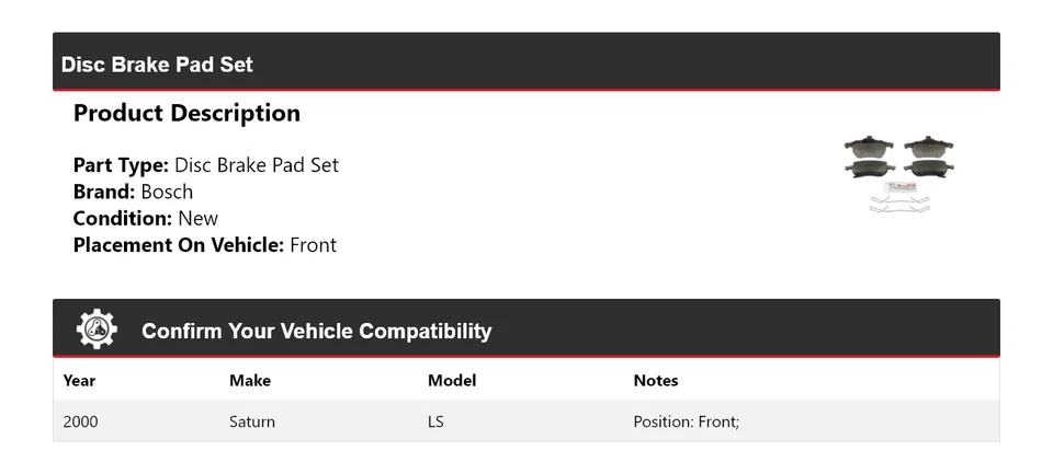 Pastillas de freno semimetálicas para Saturn LS 2000 Bosch con herrajes delanteros Foto 2 de 4