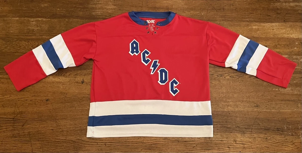 AC DC Malcom Young 73 Men s Red White Blue Hockey Jersey Size Adult Small