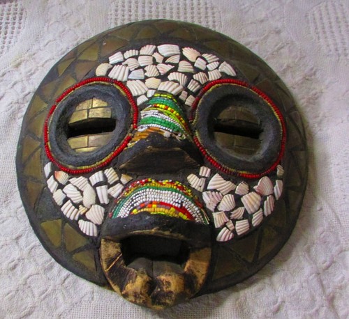 African Face Mask, Carved Wood With Shells, Beads & Metal Pieces, Wall Art