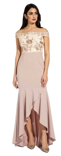 Adrianna Papell Off The Shoulder Embroidered Bodice High Low Gown Quartz Pink 10 - Picture 4 of 7