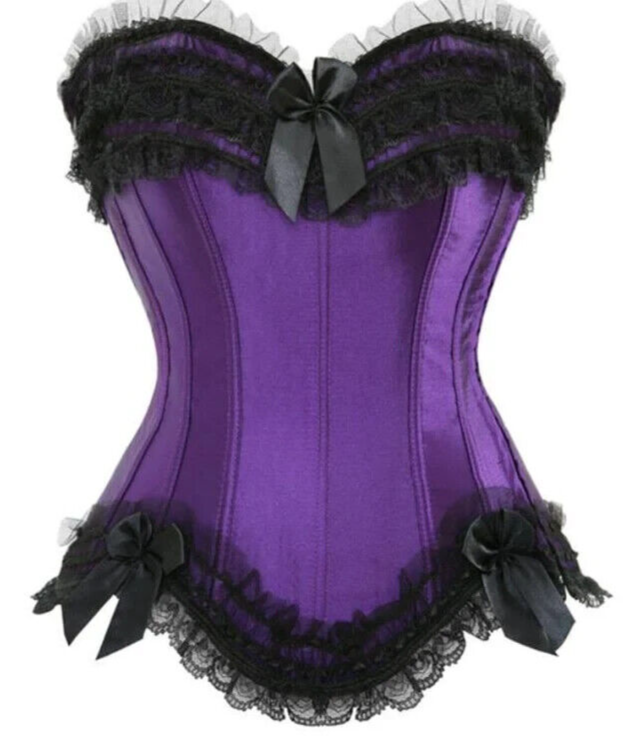 Sale! Purple Satin Black Lace Bustier Boned Corset Basque Top SIZE