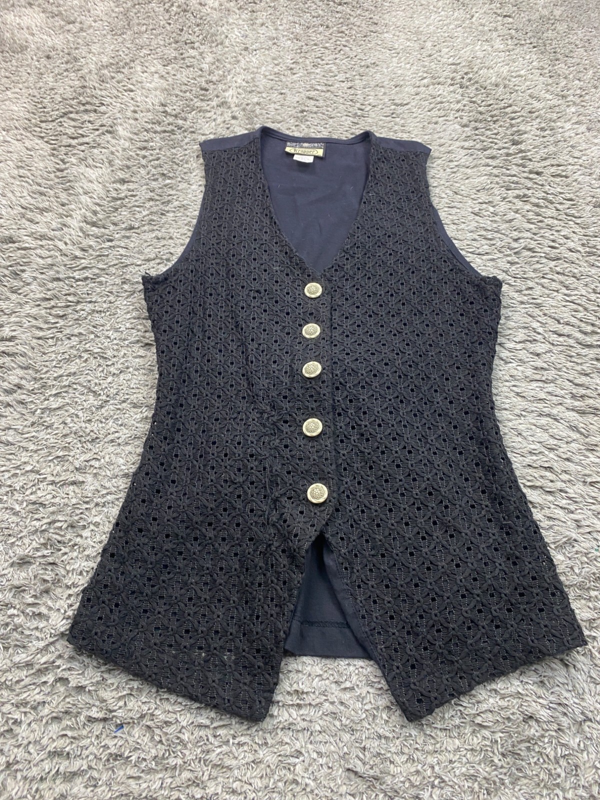 Vtg Wrapper Vest Women Medium Black Crochet Open Knit Western Rockabilly Cowgirl