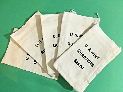 US Mint Quarter $25 Bags. Five(5) Bags.  Bags only. Used  by the US Mint