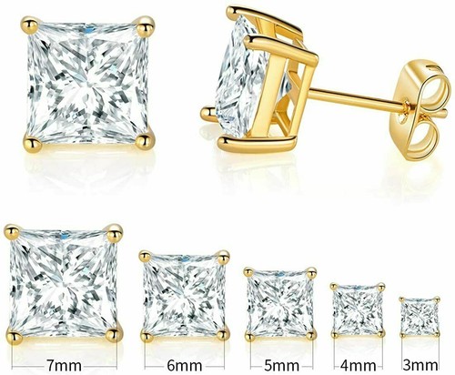 Womens 18K Yellow Gold Plated Princess Cut Clear Cubic Zirconia Stud Earring - Picture 3 of 7