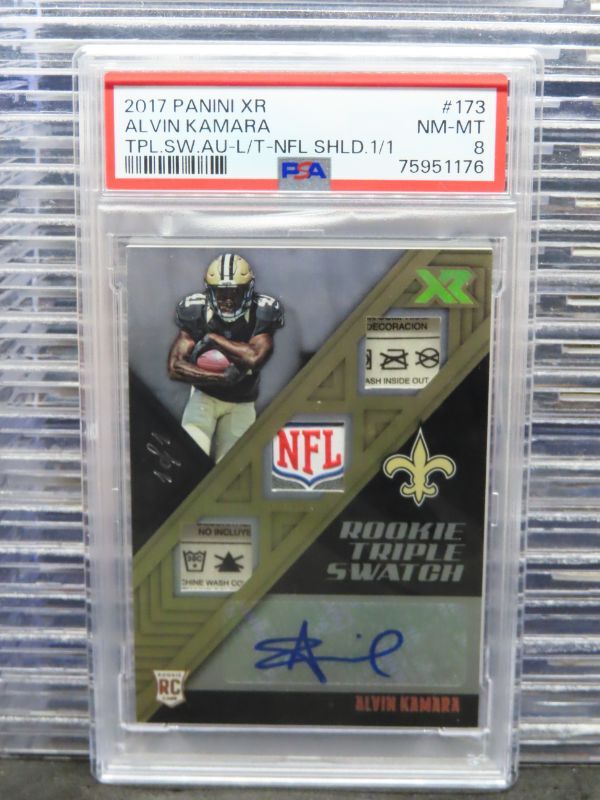 Alvin Kamara Panini XR #173 Triple Swatch Autograph-Laundry Tags-NFL Shield 1/1