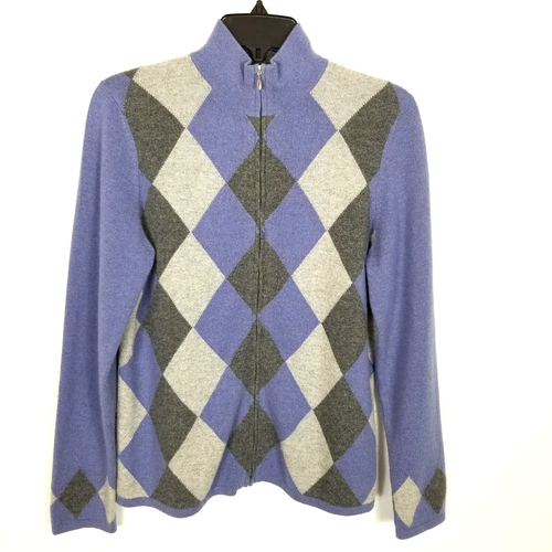 Charter Club Women 100% Cashmere Argyle Plaid Zip Up Cardigan Size M Sweater