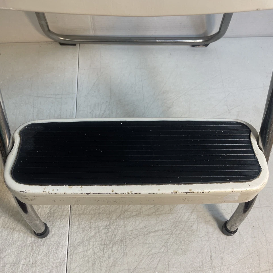 Vintage Cosco Folding Two Step Stool Metal Creamy White & Chrome MCM Kitchen - Image 3 of 4
