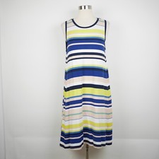 LOFT Ann Taylor Women's M Blue & yellow striped flared stretch dress knee length