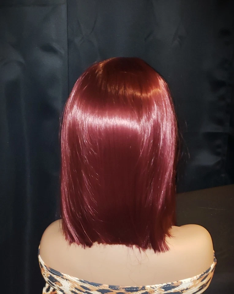 Peluca frontal de encaje HD corta Bob recta brillante vino rojo borgoña mezcla de cabello humano  Foto 3 de 4