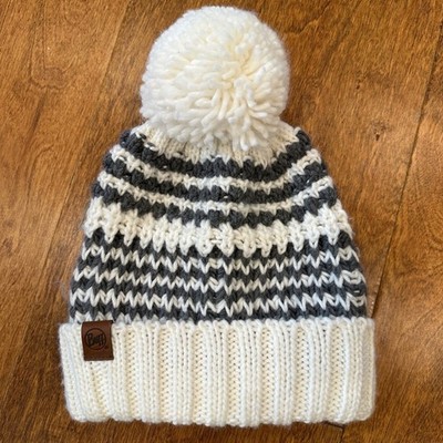 Buff Beanie Stocking Hat Adult OS White Gray Primaloft Fleece Lined Pom Pom Knit