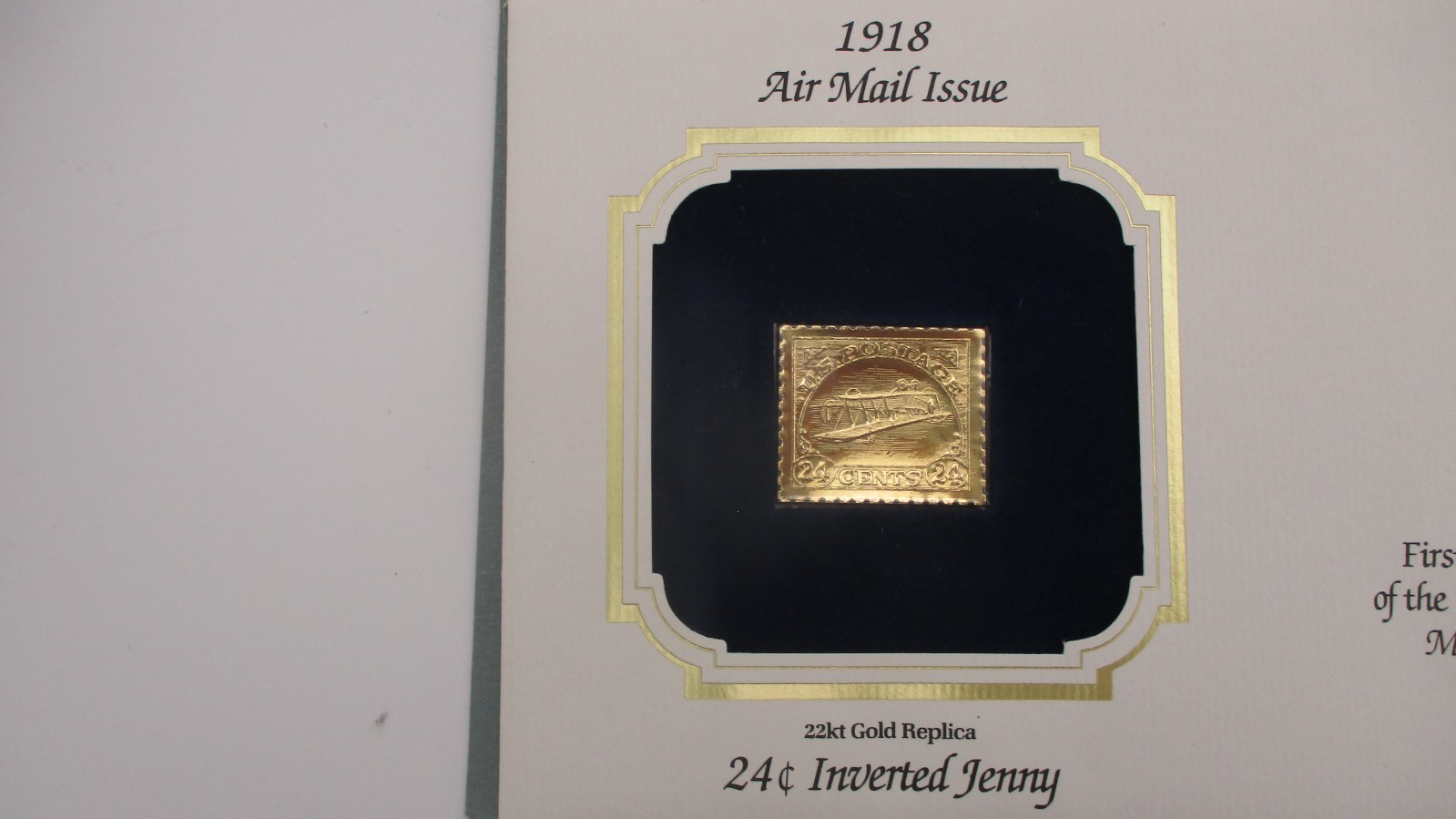 1918 Air Mail Issue First Day 22kt Gold Replica 24 Cent Inverted Jenny ...