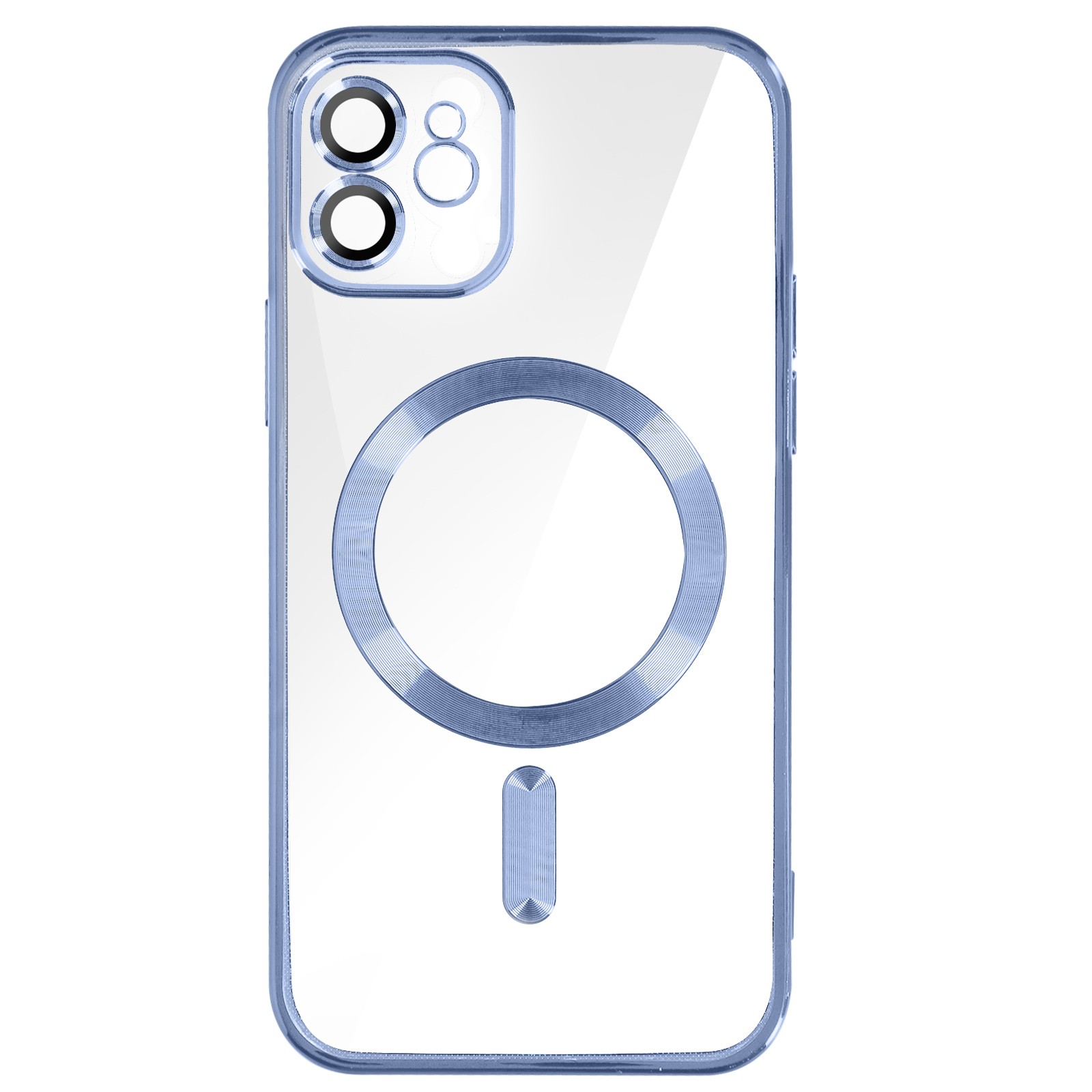 Protection caméra iPhone 12 coque silicone bleu à bord chromé