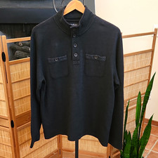 Lucky Brand Men's L Black Mock Neck Henley Knit Sweater Pockets Buttons