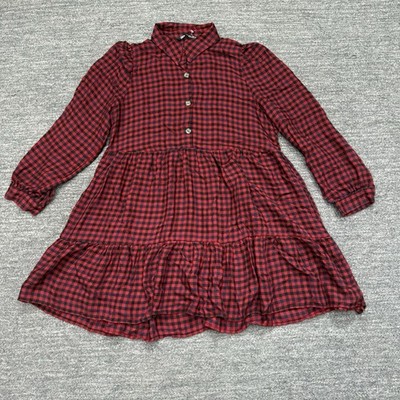 Zara Dress Women XL Red Gingham Tier Babydoll Empire Waist Grunge Flannel  Check | eBay