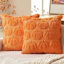 Set of 2 Fall Throw Pillow Covers 18x18, Orange Pumpkin Faux Fur