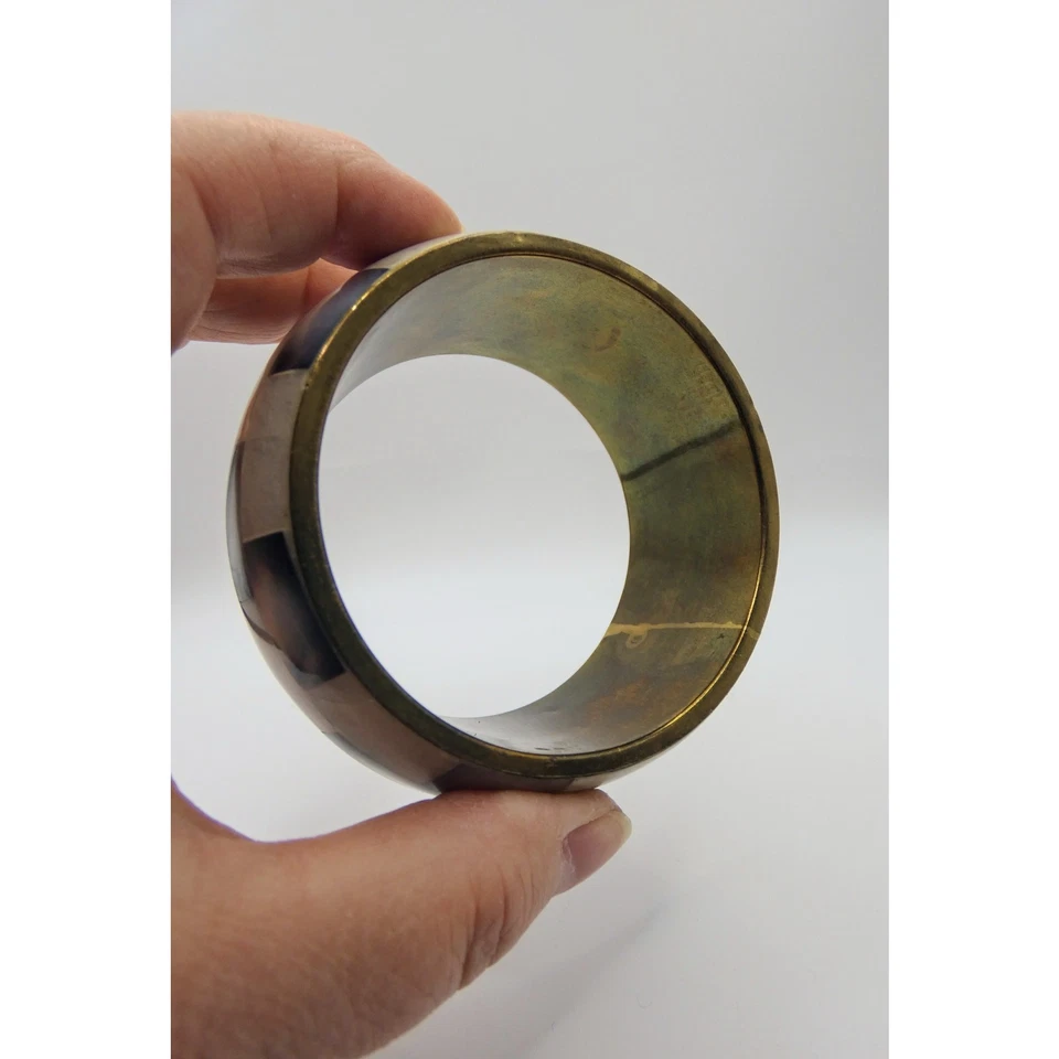 Vintage Brass Abalone MOP Shell Cuff Bangle Wide Chunky Boho Bracelet Gift - Image 4 of 4