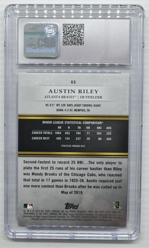 2019 Topps Gold Label Austin Riley Class 3 Rookie RC #60 CGC 9.5 MINT+ ...