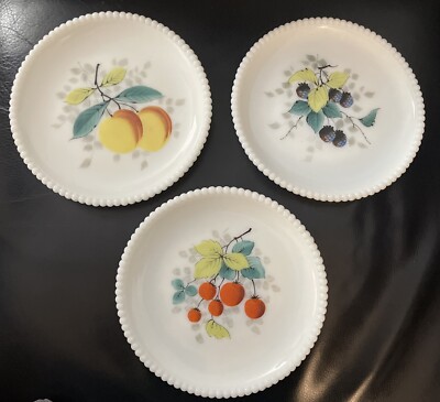 Westmoreland Beaded Edge Milk Glass Hand Painted Fruit Dessert 7.5 ...