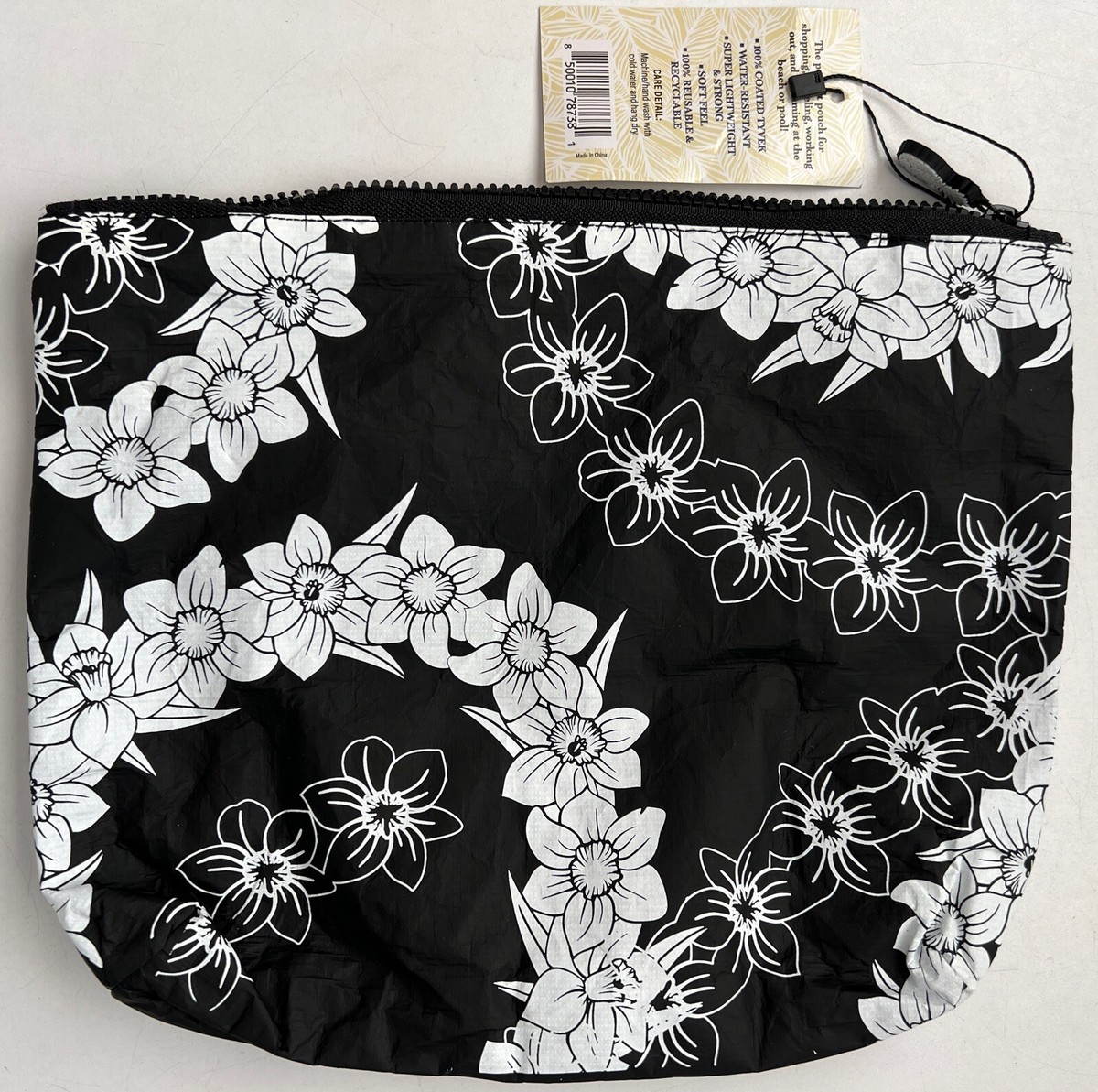 Hawaii Loa Med Pouch Black & White Floral Water Resistant Travel