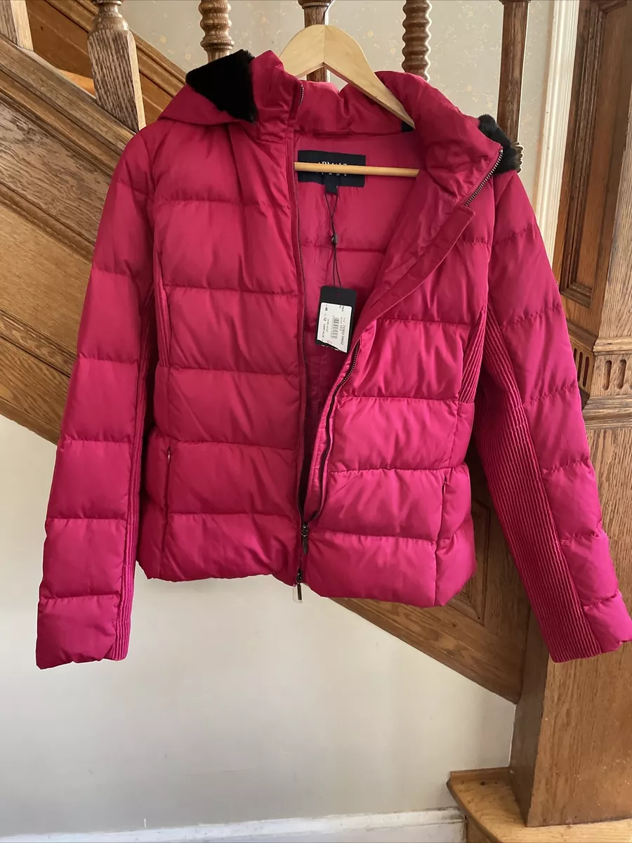 New Armani Jeans Red Womens Hooded Down Coat Jacket With Faux Fur Hood EU 40