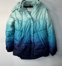New Justice Girls Puffer Jacket with Faux Fur Lined Hood M 10 Aqua Mist Stained