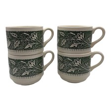 Lot Of 4 Green/Cream Floral Vine Ceramic Mug Cup Made in USA Stackable Small