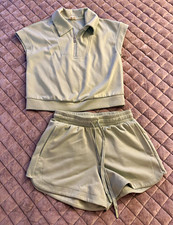 Greige Womens Size S Sage Green 2 Piece Matching Set Quarter Zip Top Shorts Loun