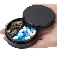 Pill Box 2 Compartment Pill Case - Portable Metal Travel Pill Container for P...