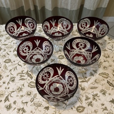 Lot 6 Vtg Czech Bohemian Cranberry Ruby Red Cut To Clear Coupe Champagne Glasses
